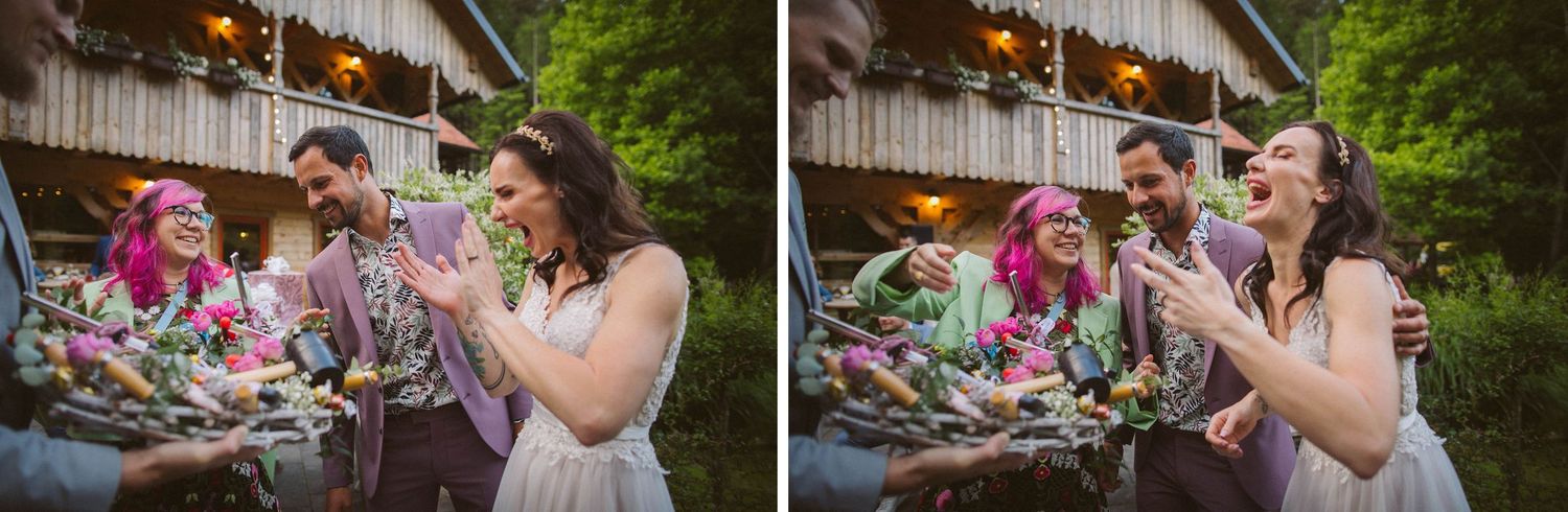 Candid moments of laughter and joy during an outdoor party with string lights.