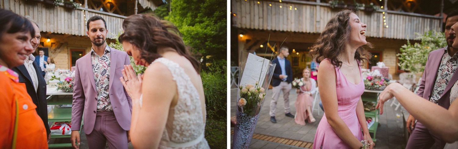Candid party moments outdoors with guests in casual attire.