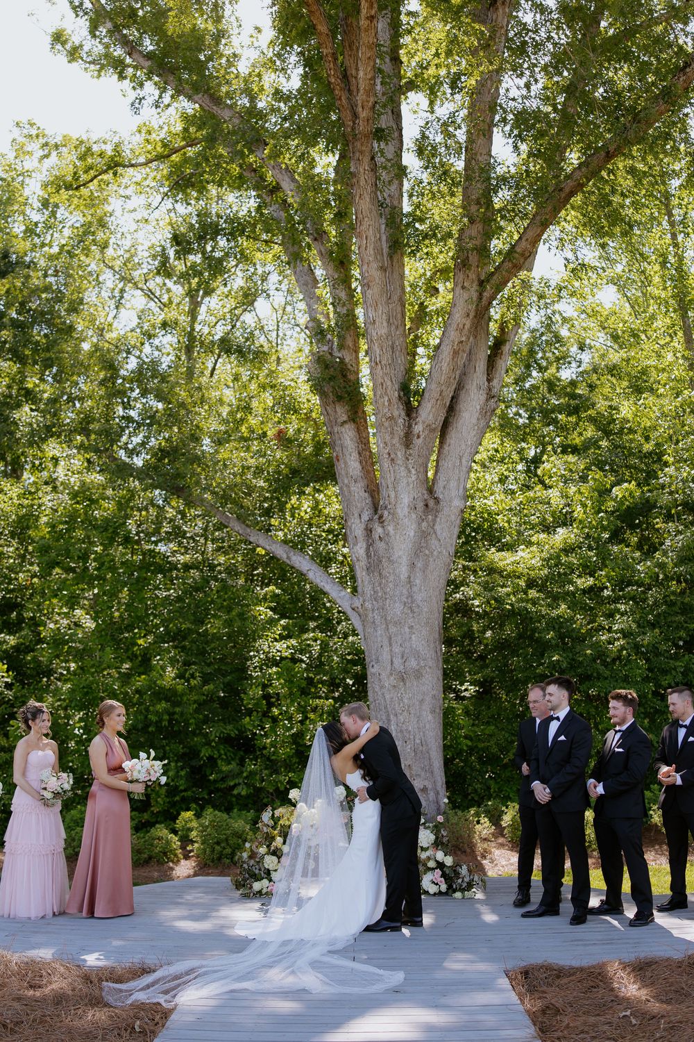 Wedding party poses under large trees during an outdoor ceremony.
