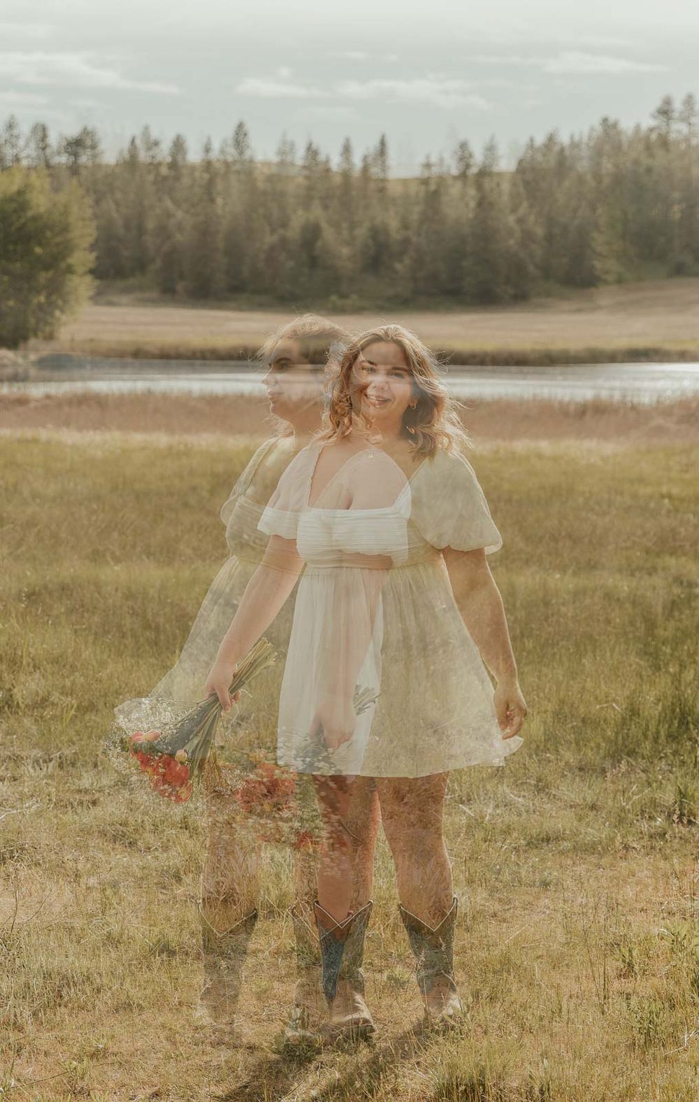 Davenport senior girl in white puff sleeve dress and turquoise cowgirl boots double exposure image outdoors in north Spokane washington