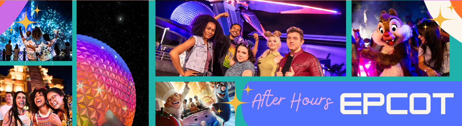Collection of nighttime photos showcasing EPCOT After Hours events with colorful lighting and attractions.