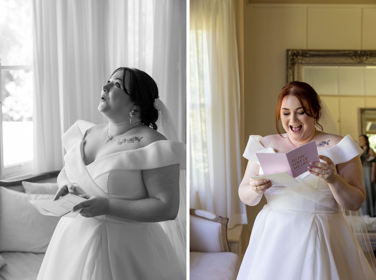 Two candid images show a bride in a white wedding dress reading a letter by a window, one in color and one in black and white at Gabbinbar.