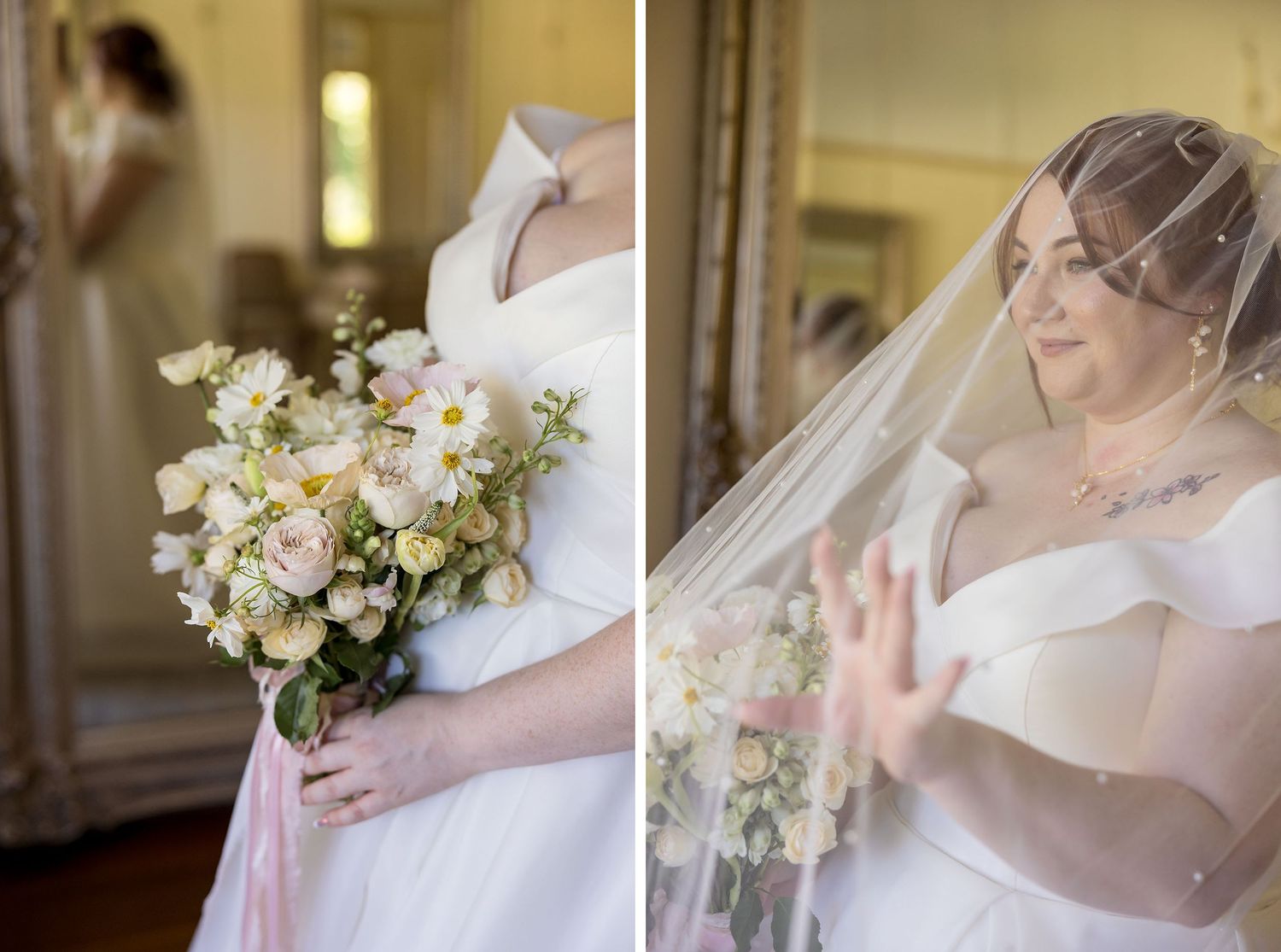 Bride in a white wedding dress holds a bouquet of white flowers while standing in an elegant room with sheer curtains at Gabbinbar Homestead
