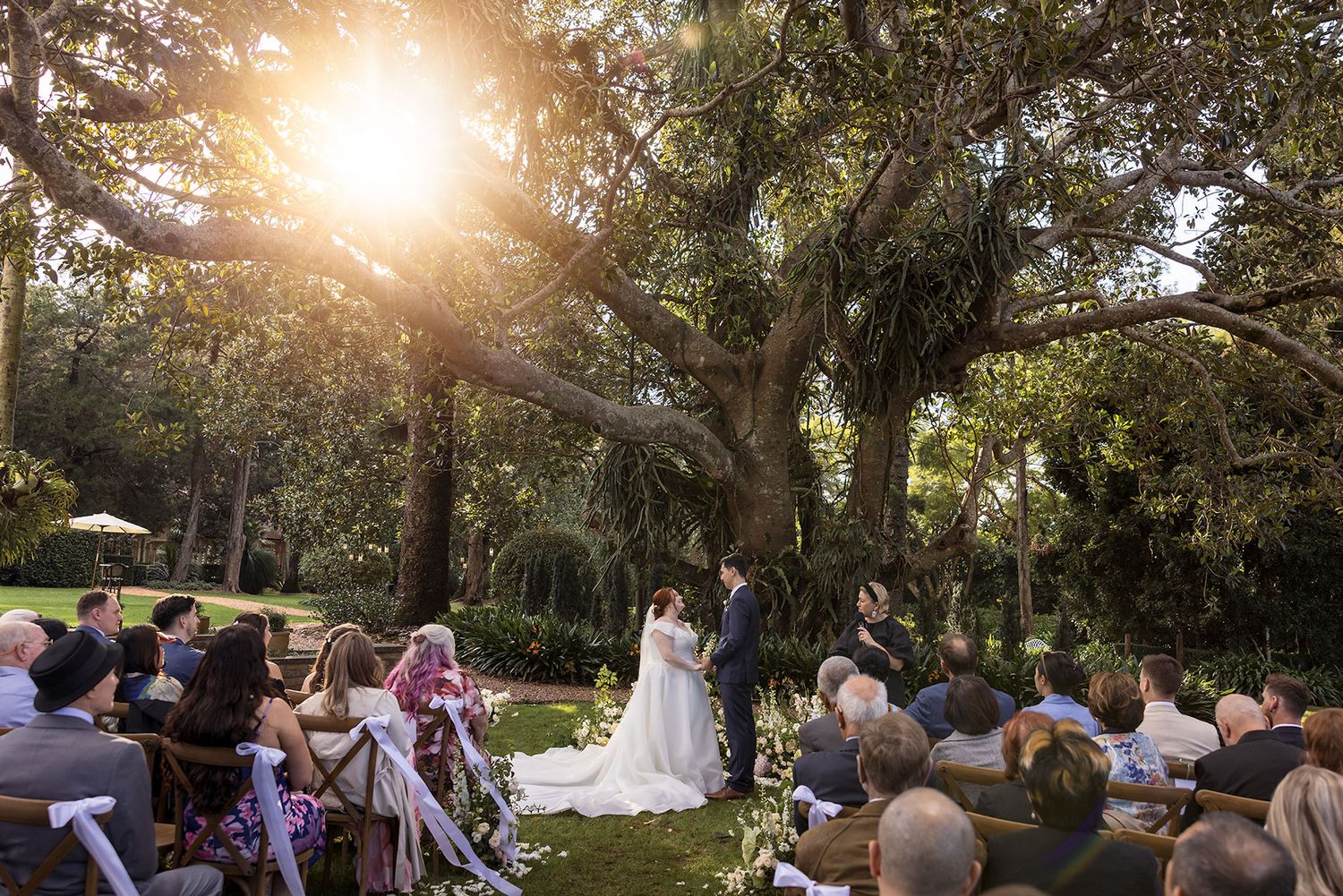 A romantic outdoor garden wedding ceremony at Gabbinbar Homestead at sunset with guests seated beneath towering oak trees and string lights.