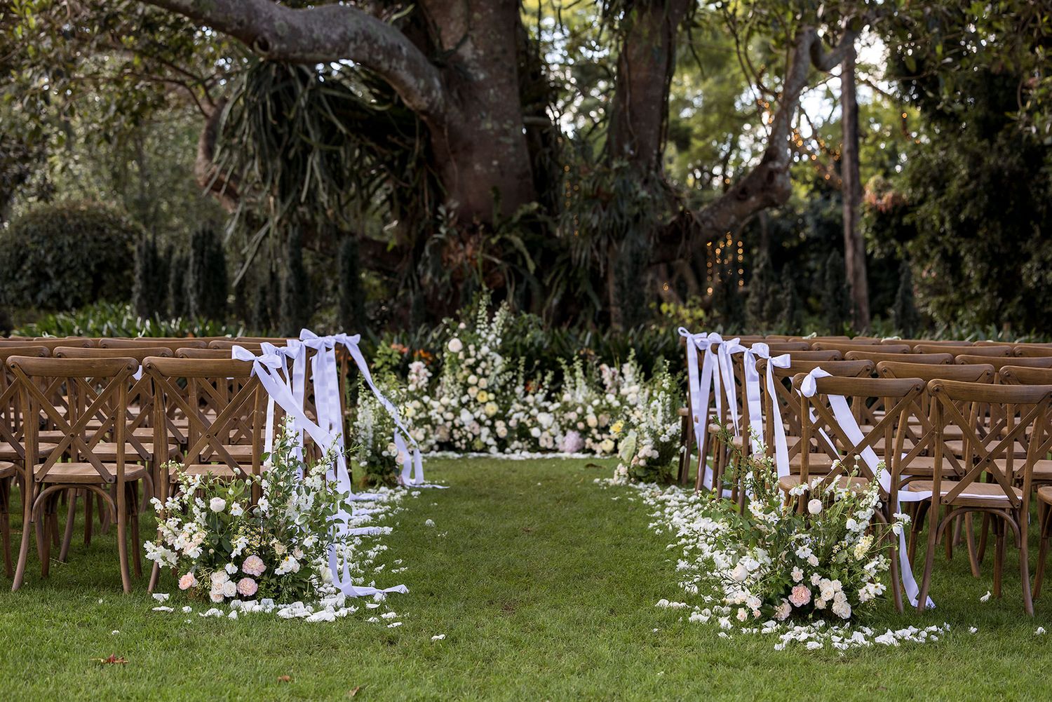 Wooden crossback chairs line a garden wedding aisle decorated with white floral arrangements and white ribbons under a Fig tree at Gabbinbar