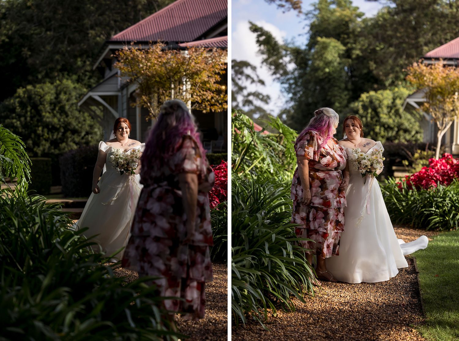 Two side-by-side garden photos showing a Bride with her Mum at a wedding ceremony with a backdrop of lush greenery and red floral accents.