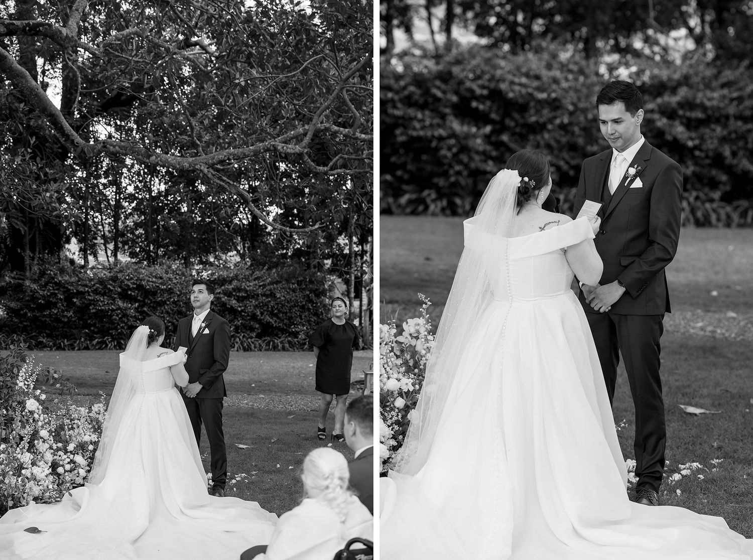 Bride and Groom share a moment during their wedding vows at their outdoor ceremony at Gabbinbar Homestead in Toowoomba Queensland.