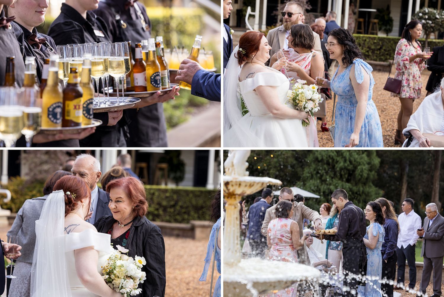 A collage of four wedding celebration photos showing outdoor reception scenes with guests mingling and toasting at Gabbinbar Homestead.