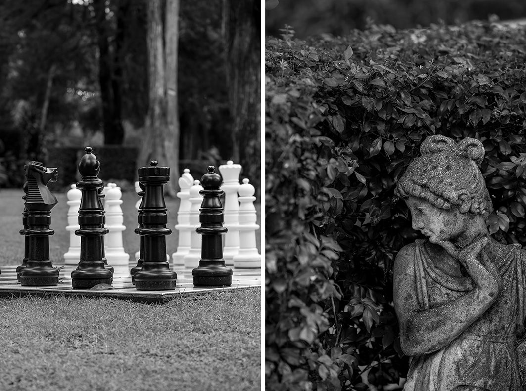Black and white diptych showing outdoor chess pieces on the left and a garden stone statue on the right at Gabbinbar Toowoomba.