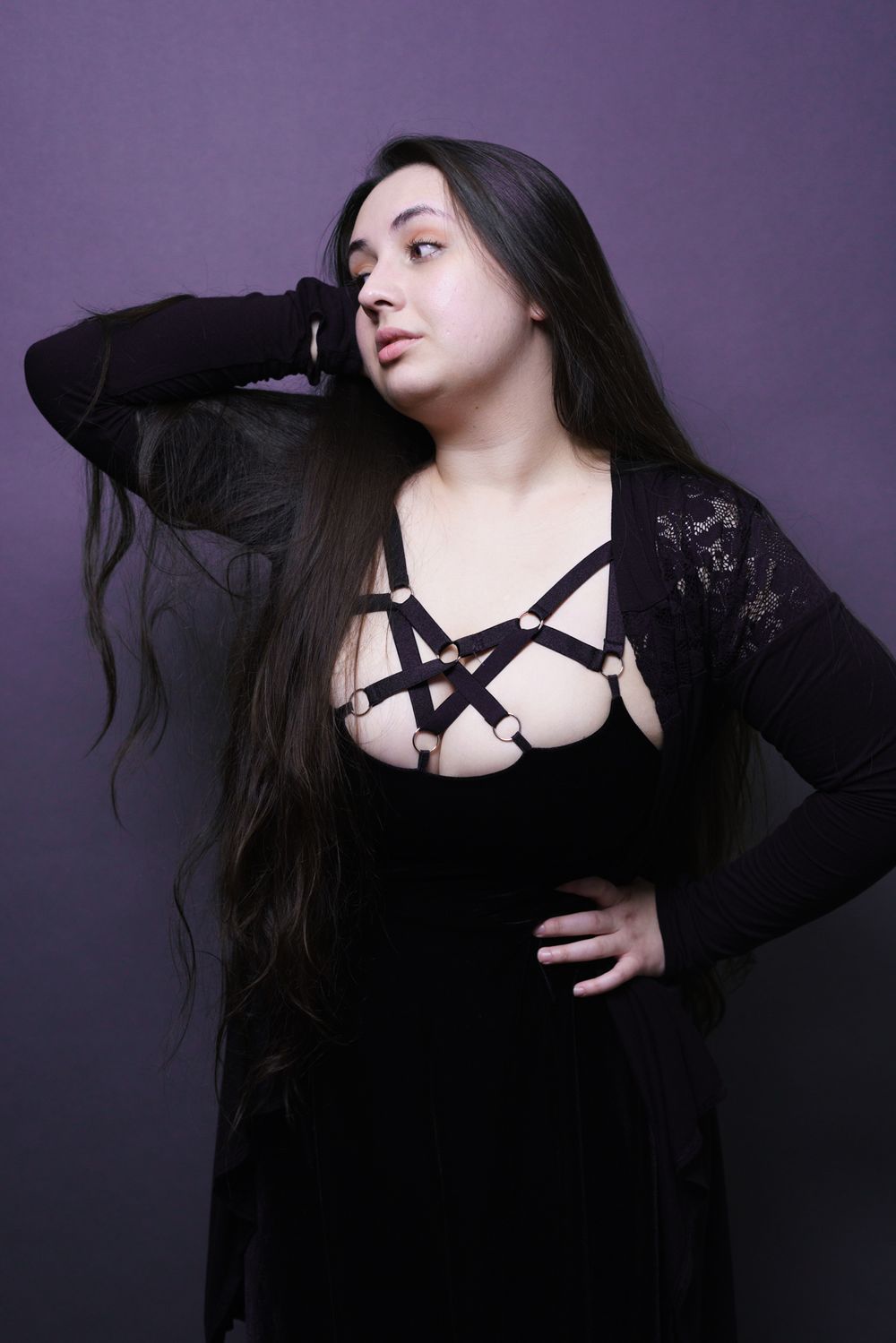 Valentina Cruz in ethereal beauty and Blackmilk clothing, set against a pale purple backdrop