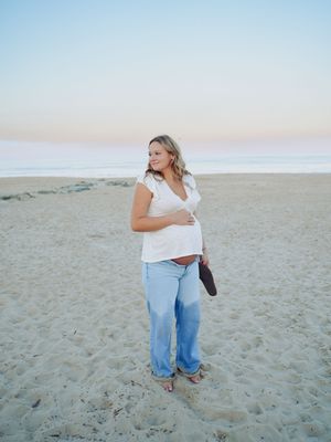 A series of serene beach photos showing someone sitting on sandy shores during a tranquil sunset.