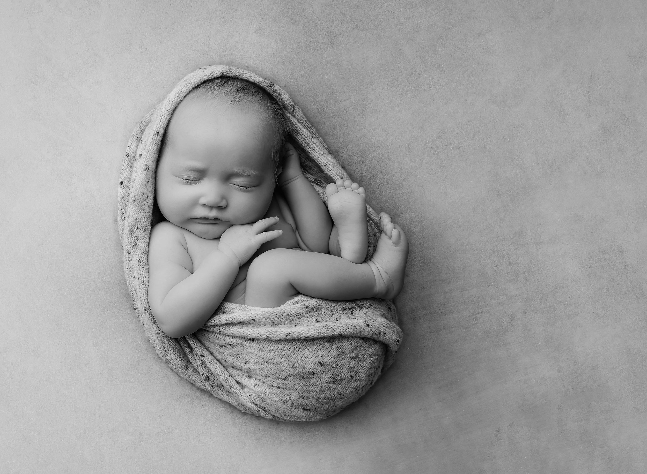 Black and white newborn portrait with baby wrapped in womb-style pose on neutral backdrop in Austin studio