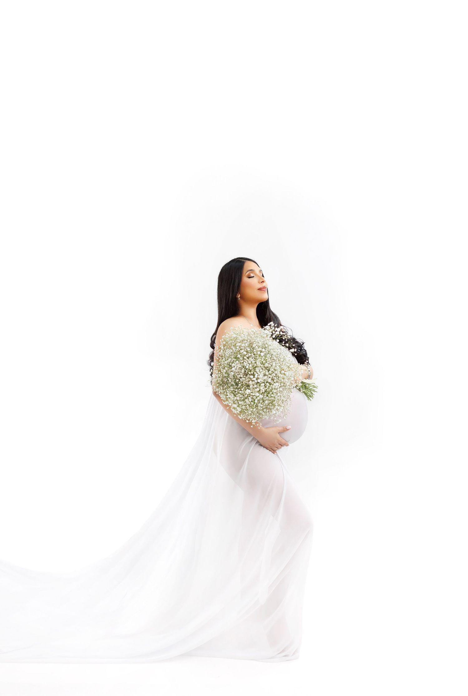 Elegant bridal portrait sequence showing flowing white veil and baby's breath bouquet against white background.