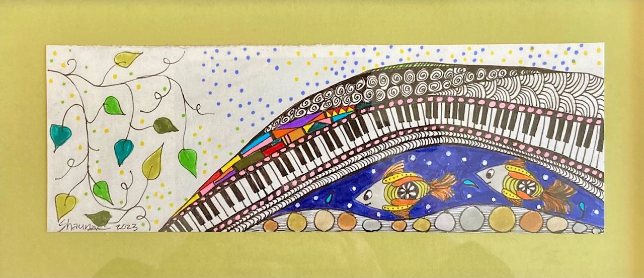 Whimsical illustration of a curved piano keyboard with flowers and musical elements in watercolor.