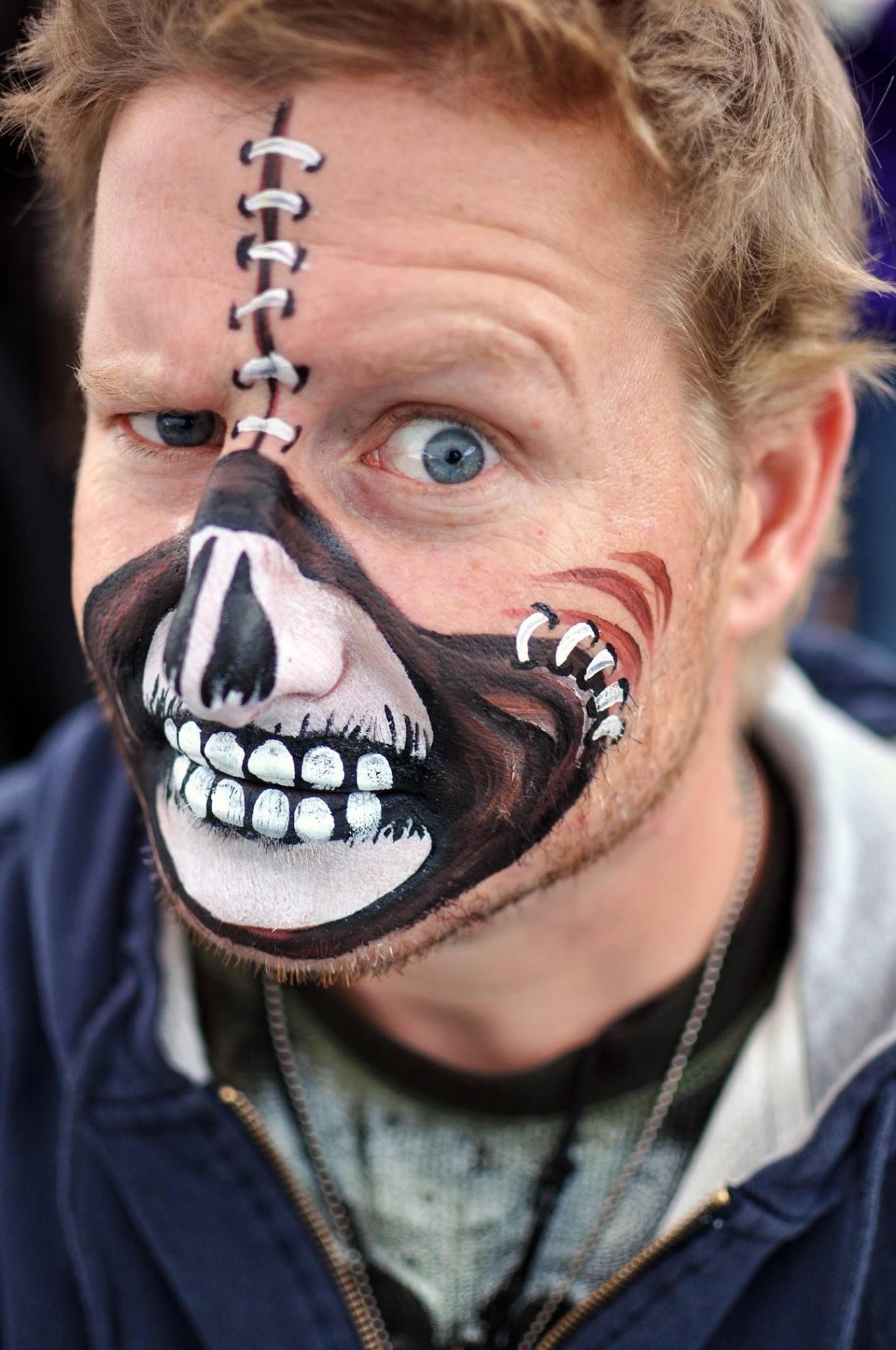 Creative zipper and skull face paint design in black and white.