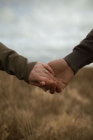 Two people holding hands intimately in a golden field under cloudy skies.