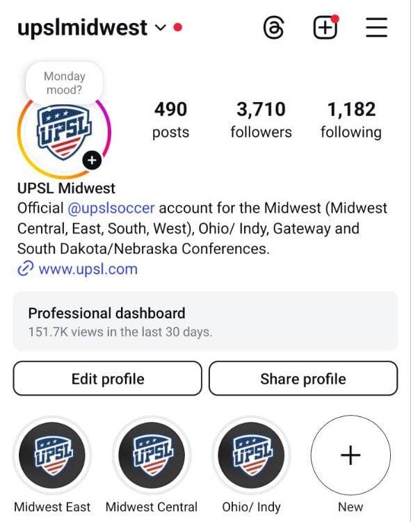 Social media profile for UPSL Midwest soccer displaying post counts and follower statistics.