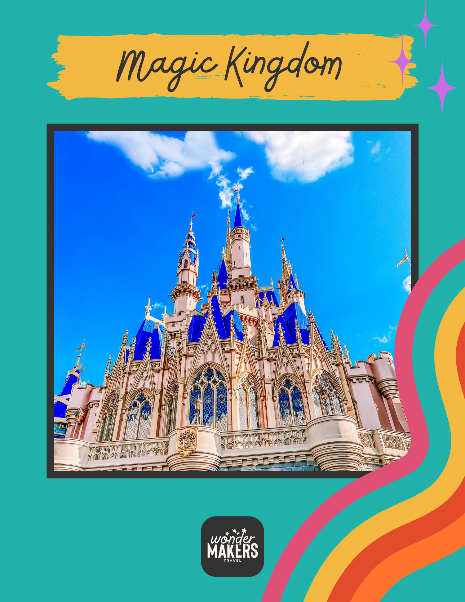 Cinderella Castle at Magic Kingdom glows against a bright blue sky with white puffy clouds.
