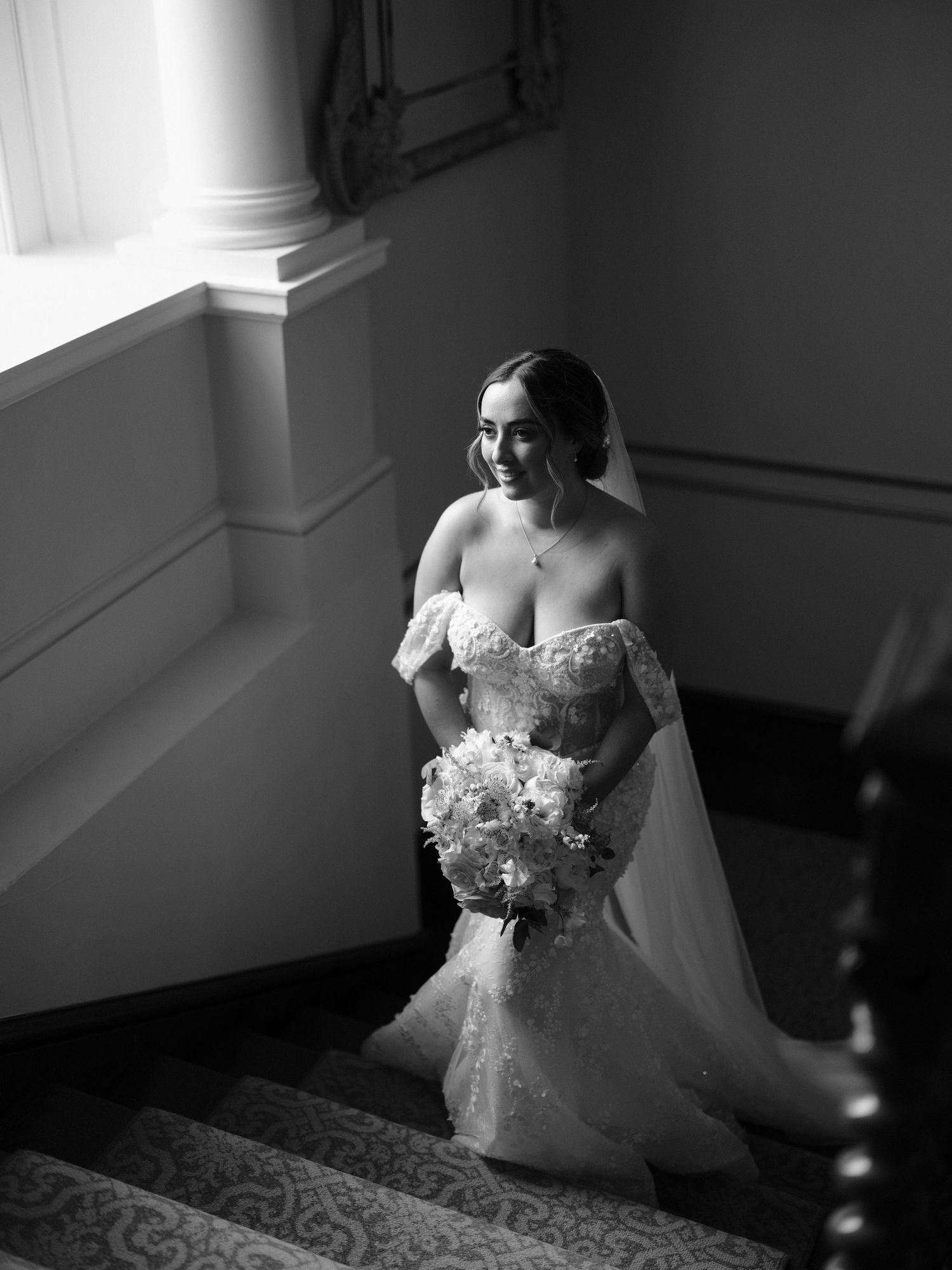 beautiful bride at hensol castle in black and white film camera
