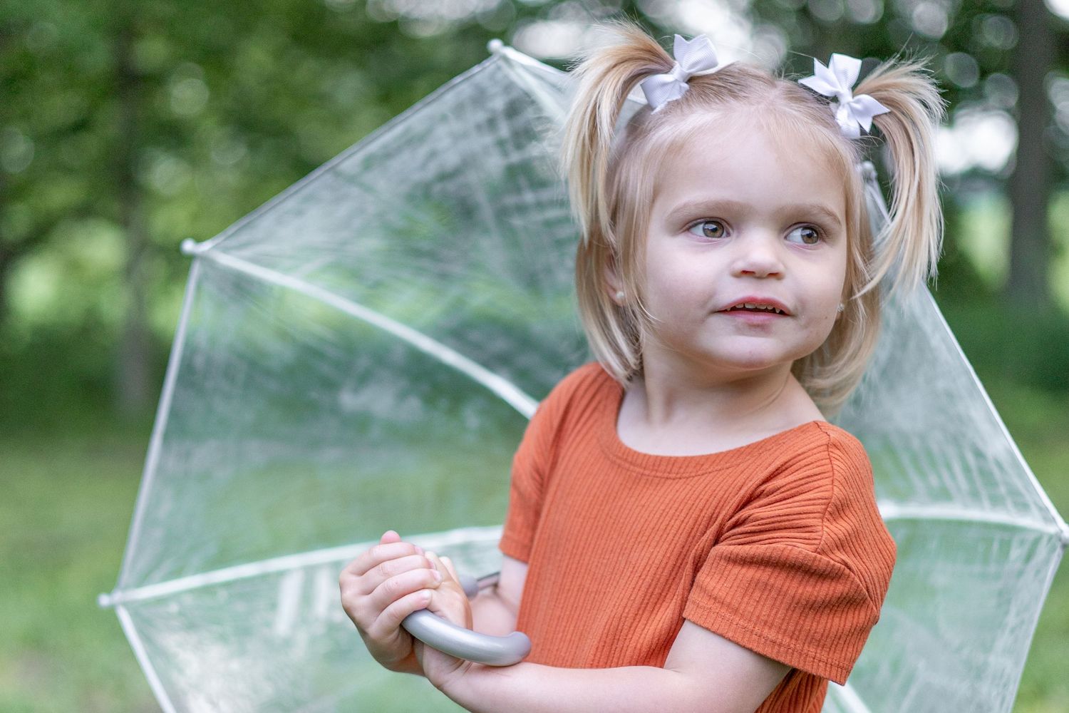 Springfield Illinois photographer captures a young girl looks off in the distance with an umbrella during a session in Central Illinois