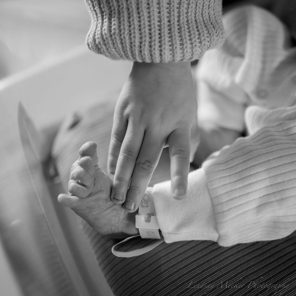 Black and white detail of hands holding newborn baby.