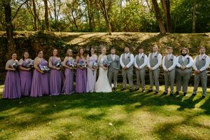 Large wedding party lined up outdoors with bridesmaids in purple and groomsmen in gray.