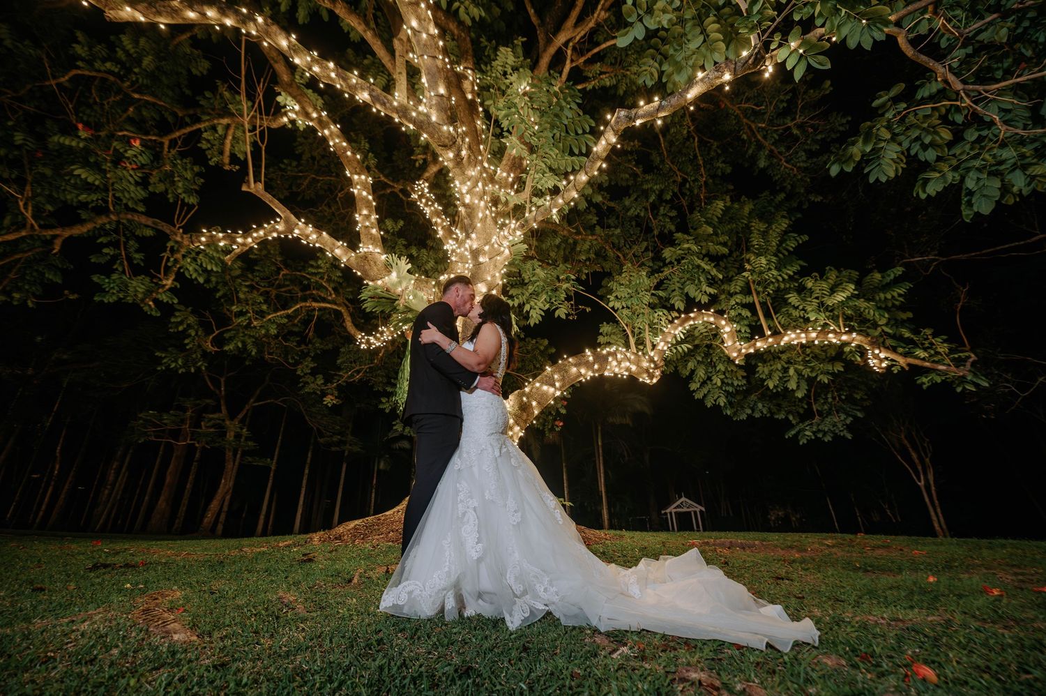 A wedding couple walks together beneath illuminated white trees at a romantic outdoor evening venue.