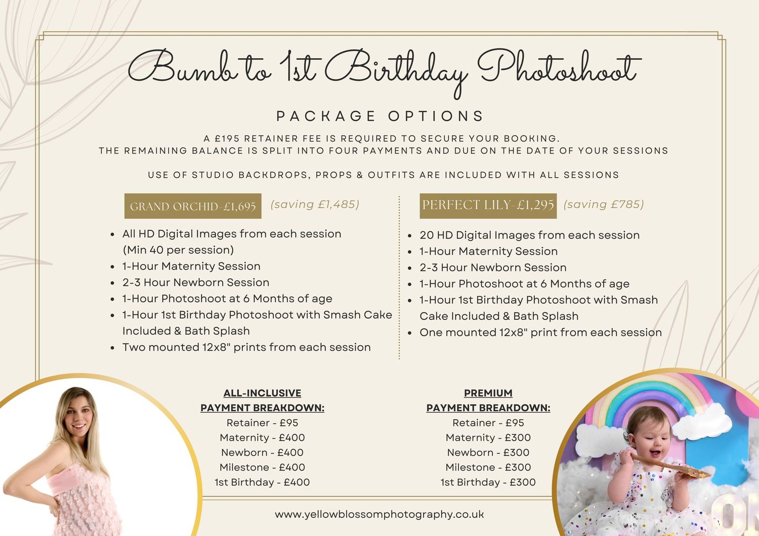 A professional photography price list document showing birthday photoshoot packages with pricing details on a beige background.