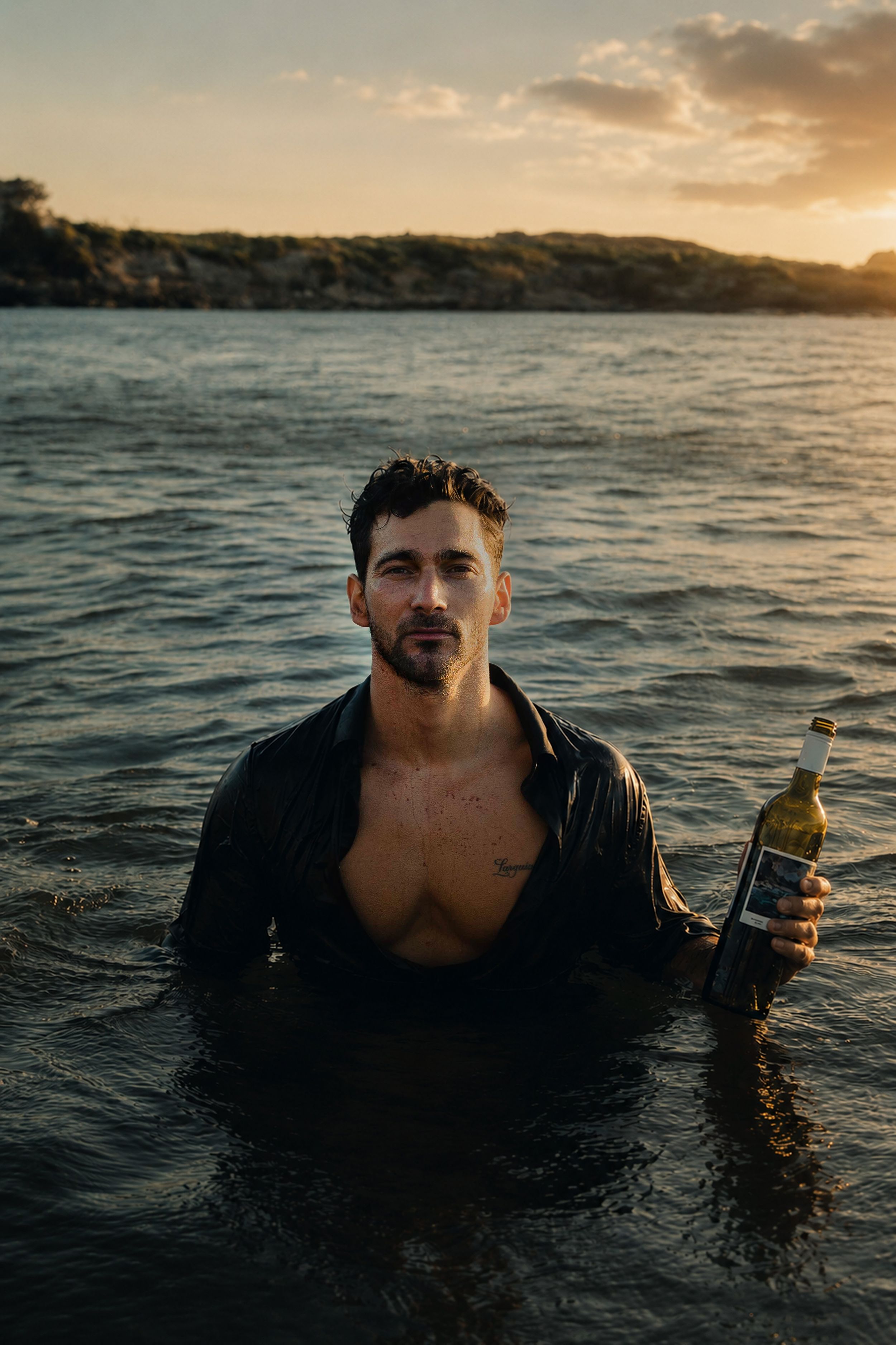 Man standing waist-deep in ocean at sunset holding a wine bottle.