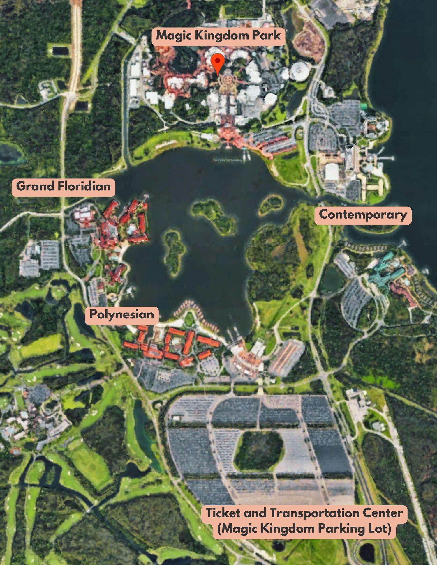 Aerial satellite view of Walt Disney World resort areas including Magic Kingdom Park and hotel properties in Florida.