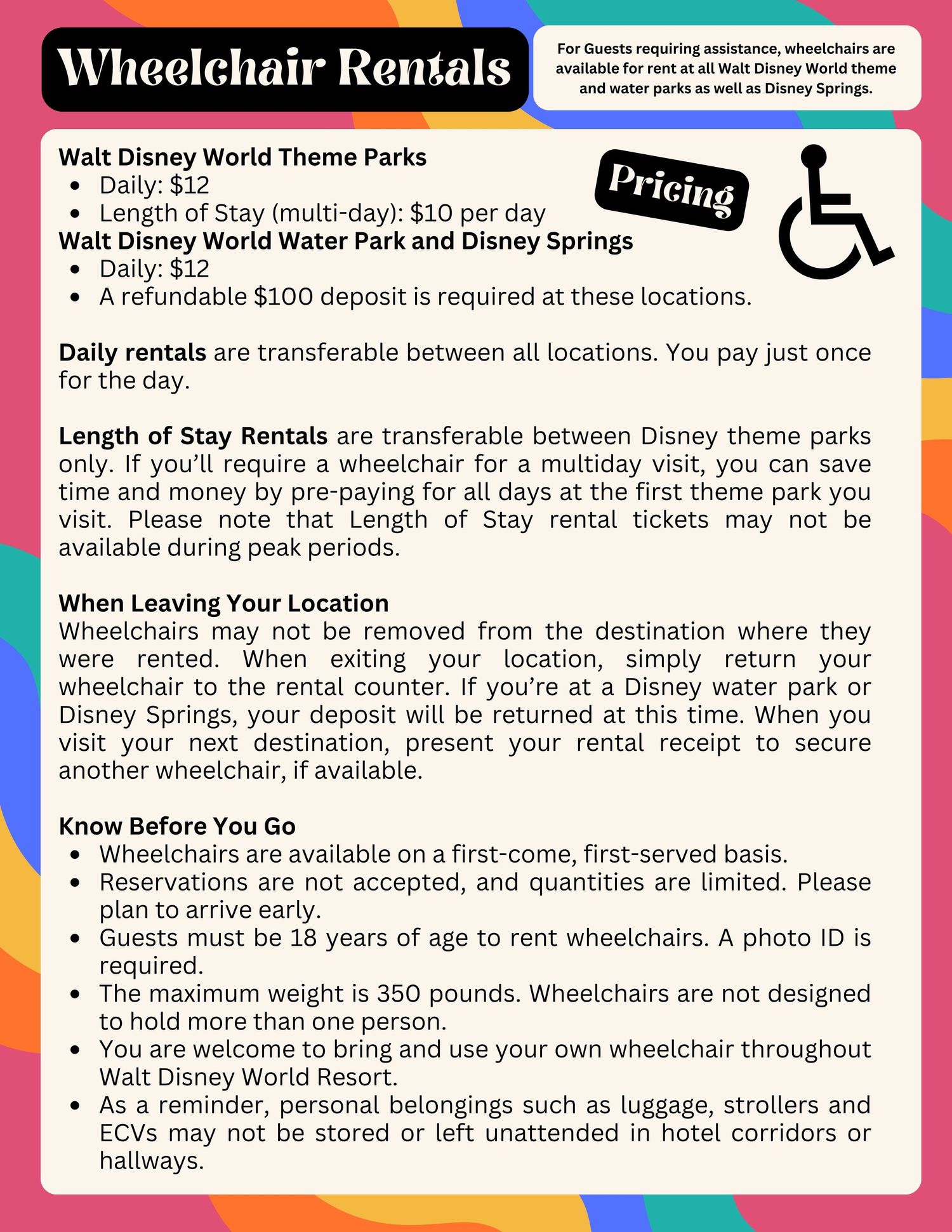 Rental information panel for theme park wheelchair services showing pricing, requirements and guidelines against a pink background.