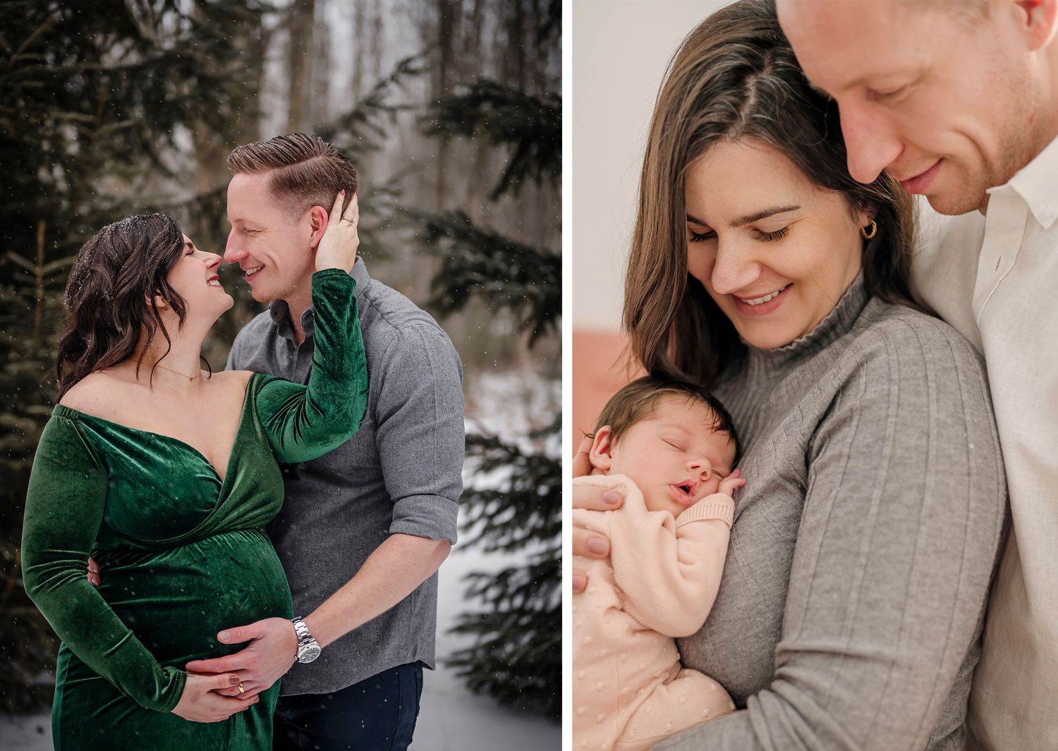 future maman et son amoureux sous la neige en pleine forêt et ensuite avec leur petit bébé dans les bras