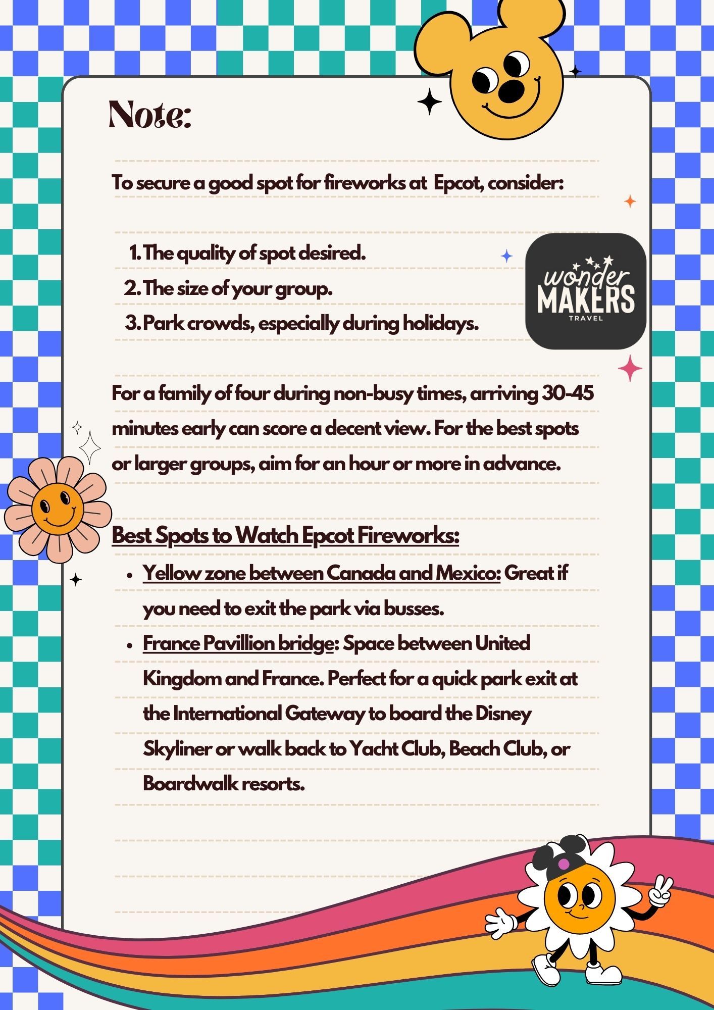 A Disney park guide page with Mickey Mouse icons showing tips for viewing Epcot fireworks, featuring a checkerboard border.