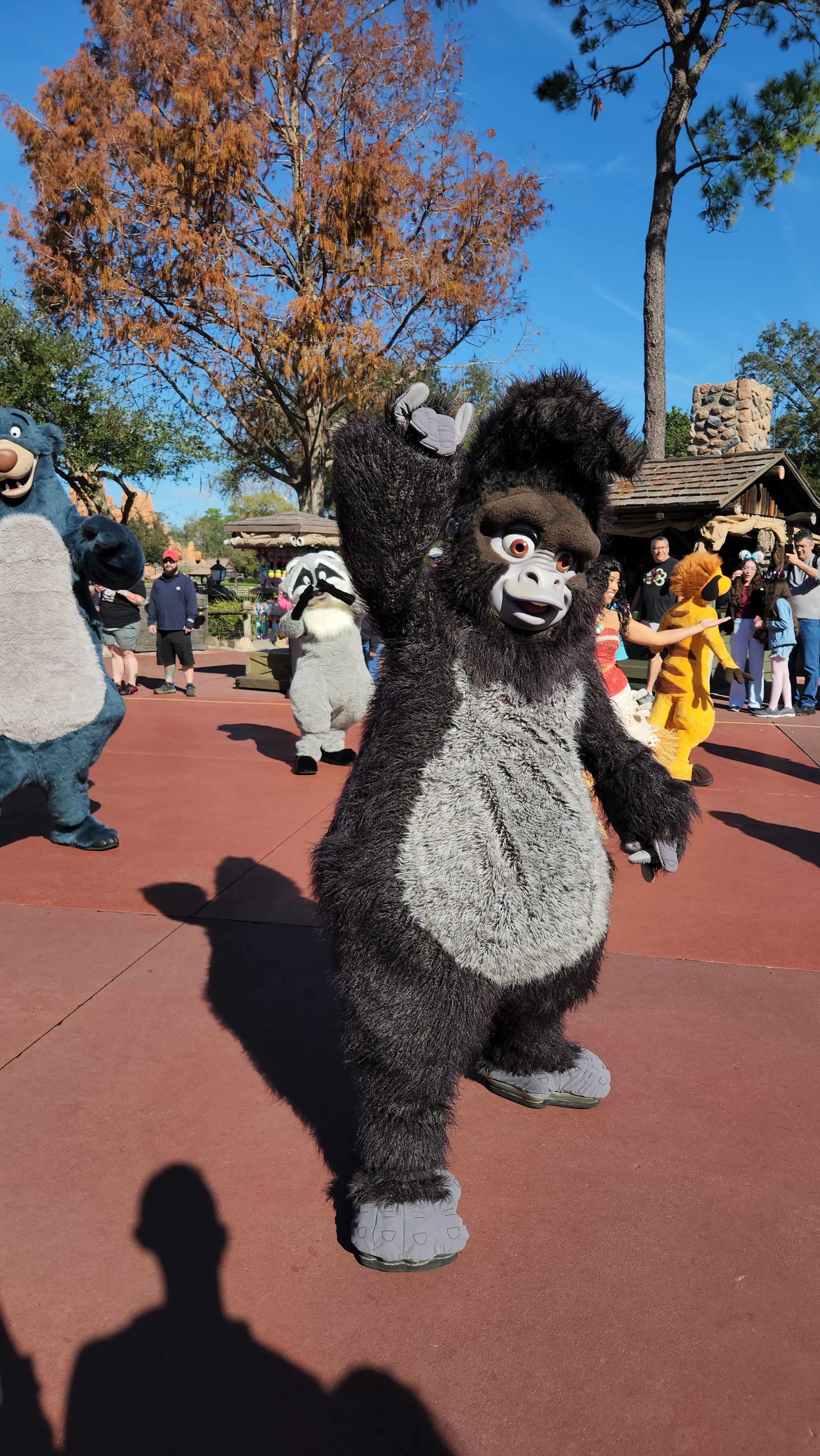 Costumed characters including a large gray and black bear entertain visitors at a theme park with autumn trees in background.
