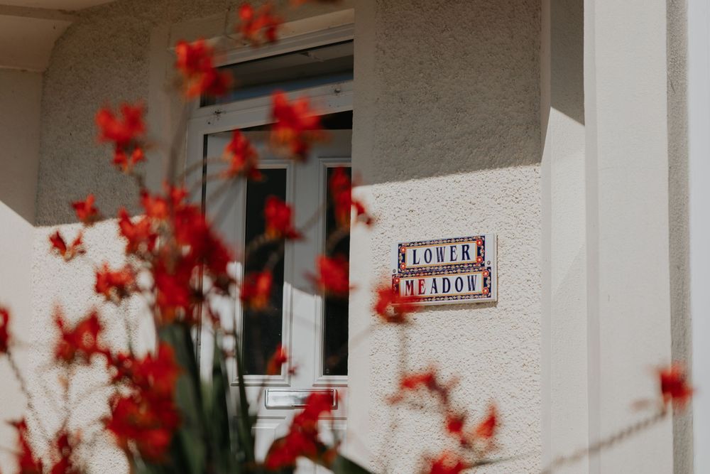 Close-up of a Flower Meadow street sign on a white wall framed by vibrant red flowers.