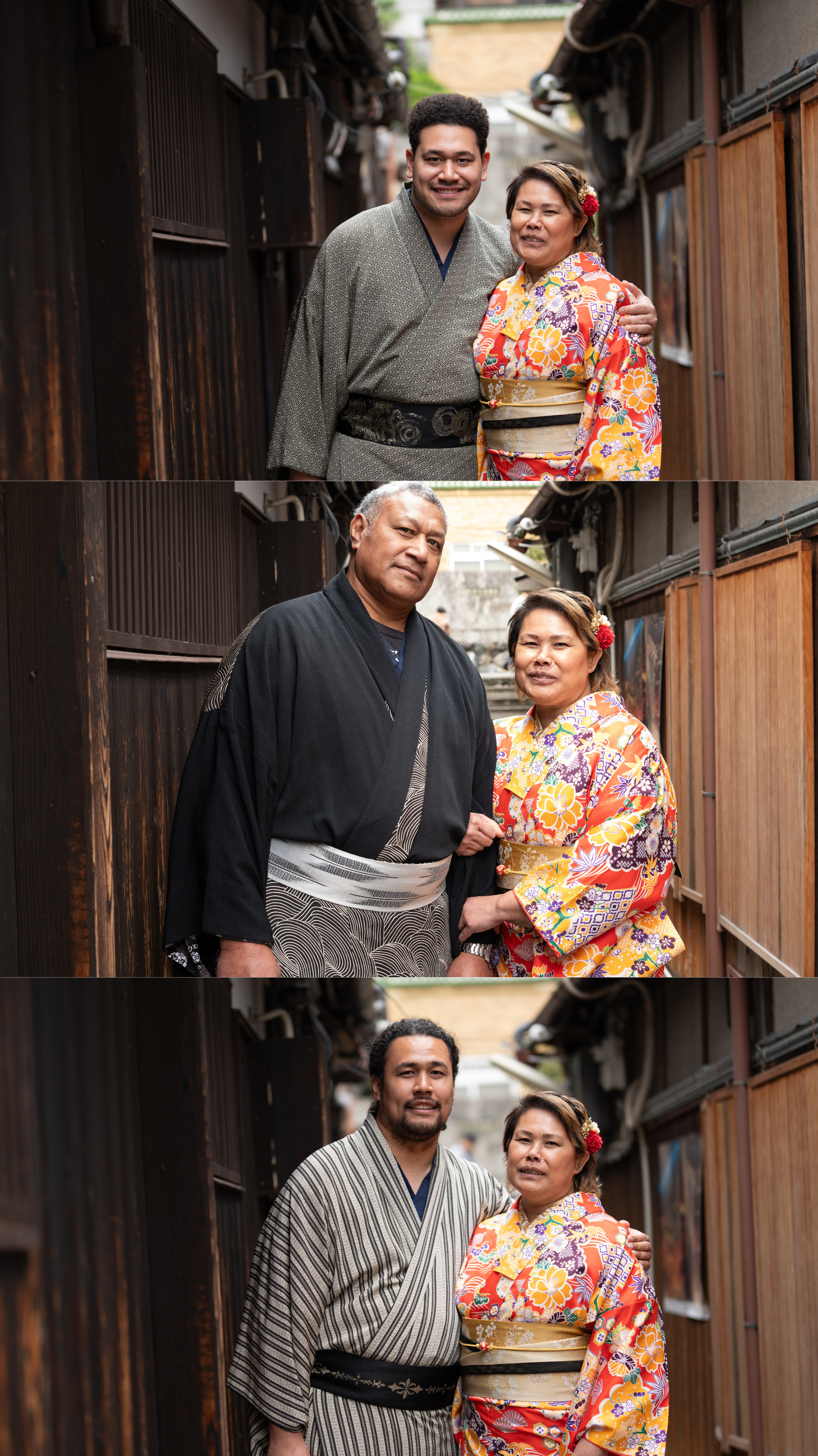 Three collaged portraits of couples in traditional Japanese kimono posing in Kyoto alleyway.