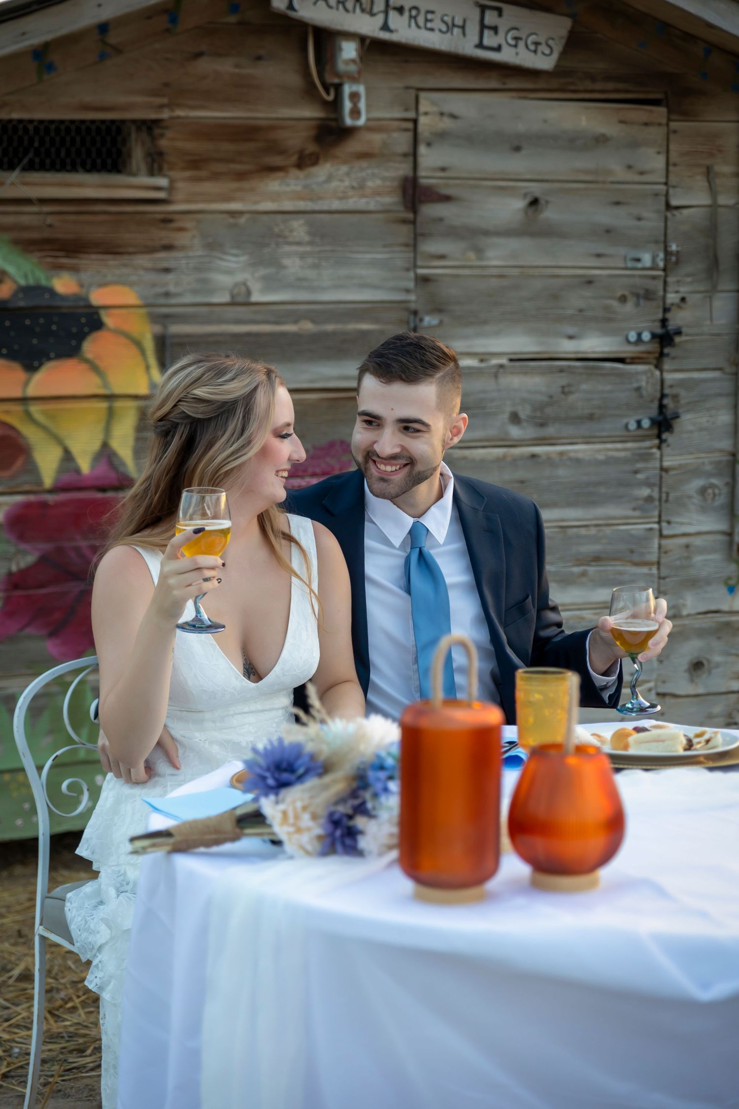 bride and groom toast champange