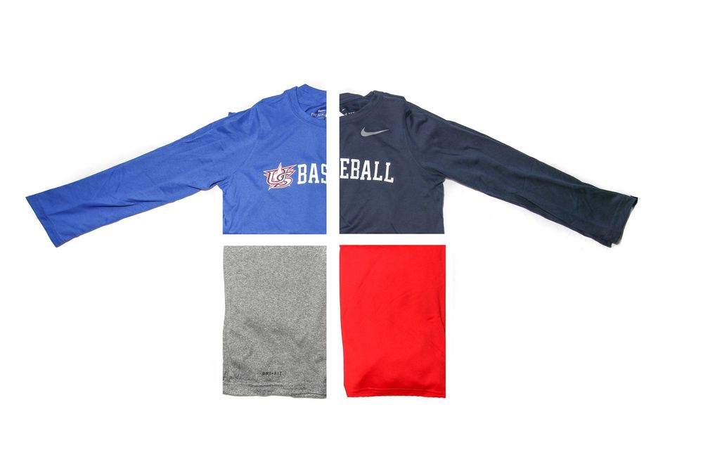 Blue, navy, gray, and red Nike Baseball long-sleeve shirts displayed in grid layout.