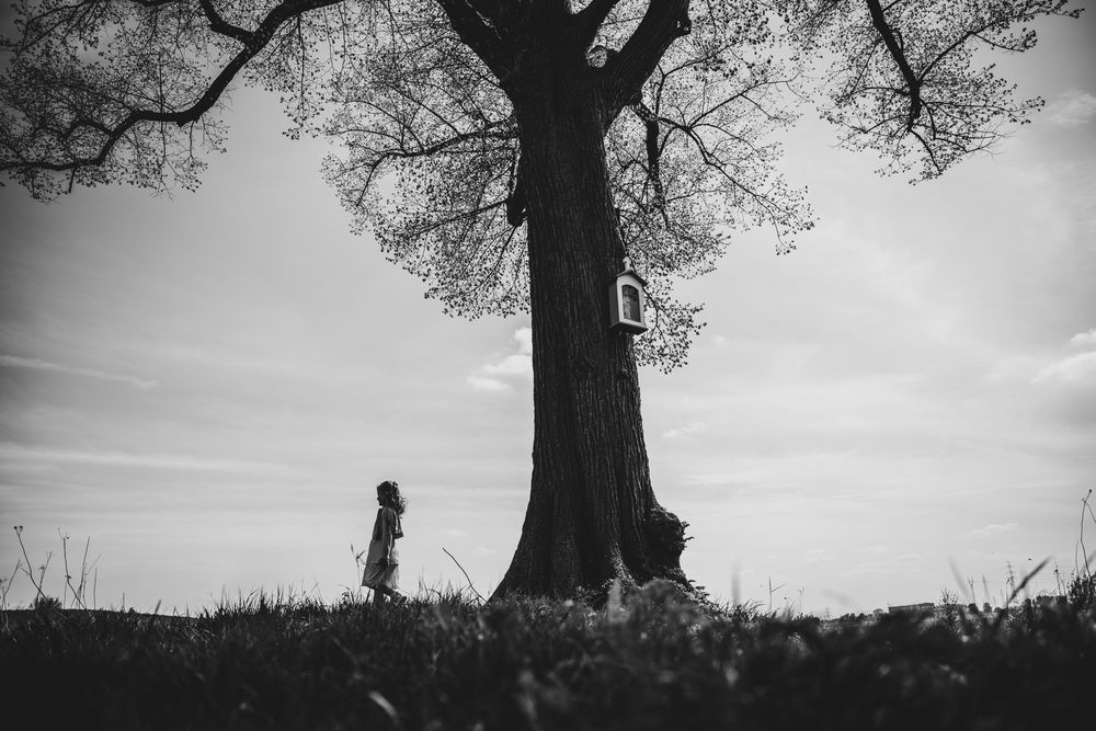 Zwart-wit beeld van meisje dat wandelt onder een grote boom – poëtische communie fotografie door Bart Boodts Photography