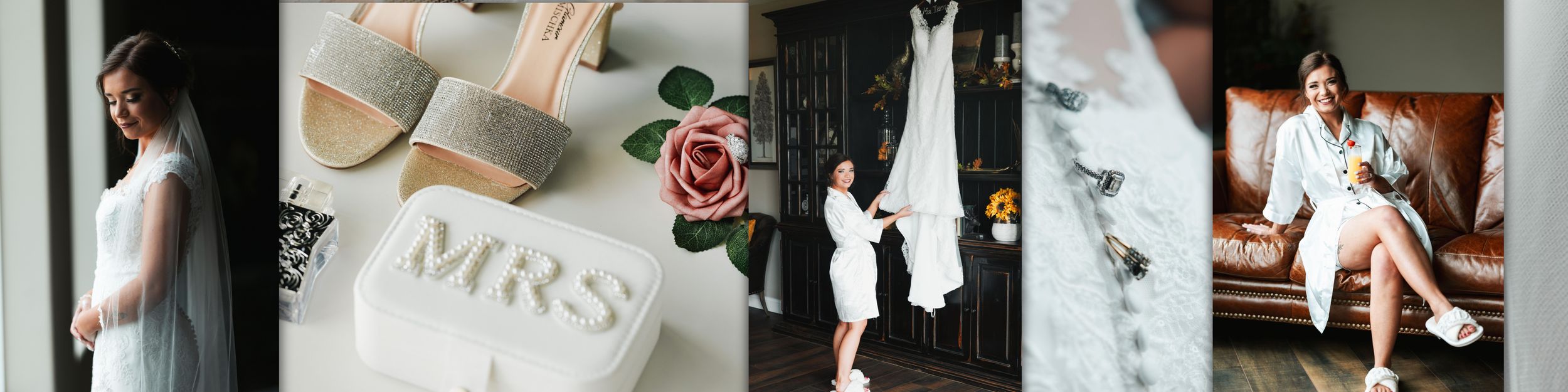 A romantic wedding day collage showing dress details, rings, and intimate moments in soft muted tones.