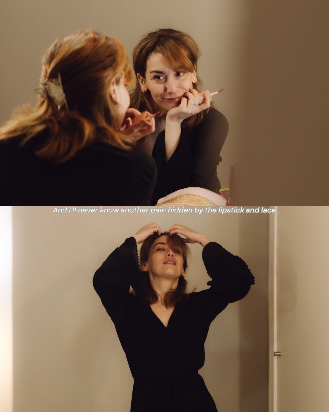 A woman examines her reflection in a mirror in a black wrap dress, with a poetic text overlay beneath.