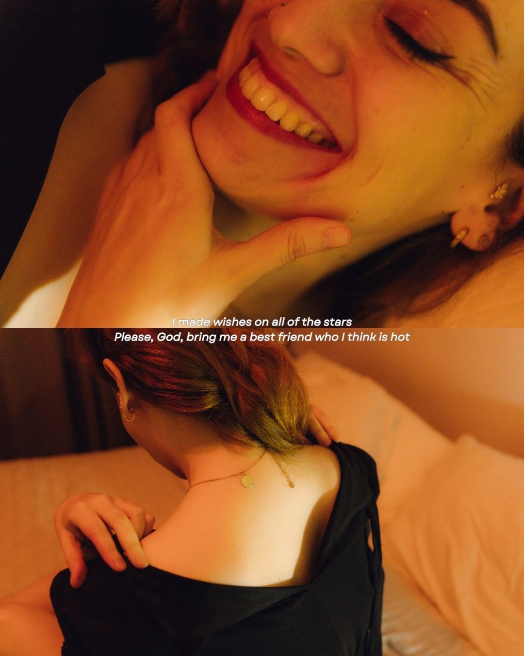 A smiling woman with red lips poses in warm light, paired with a lower image of her bare shoulder.