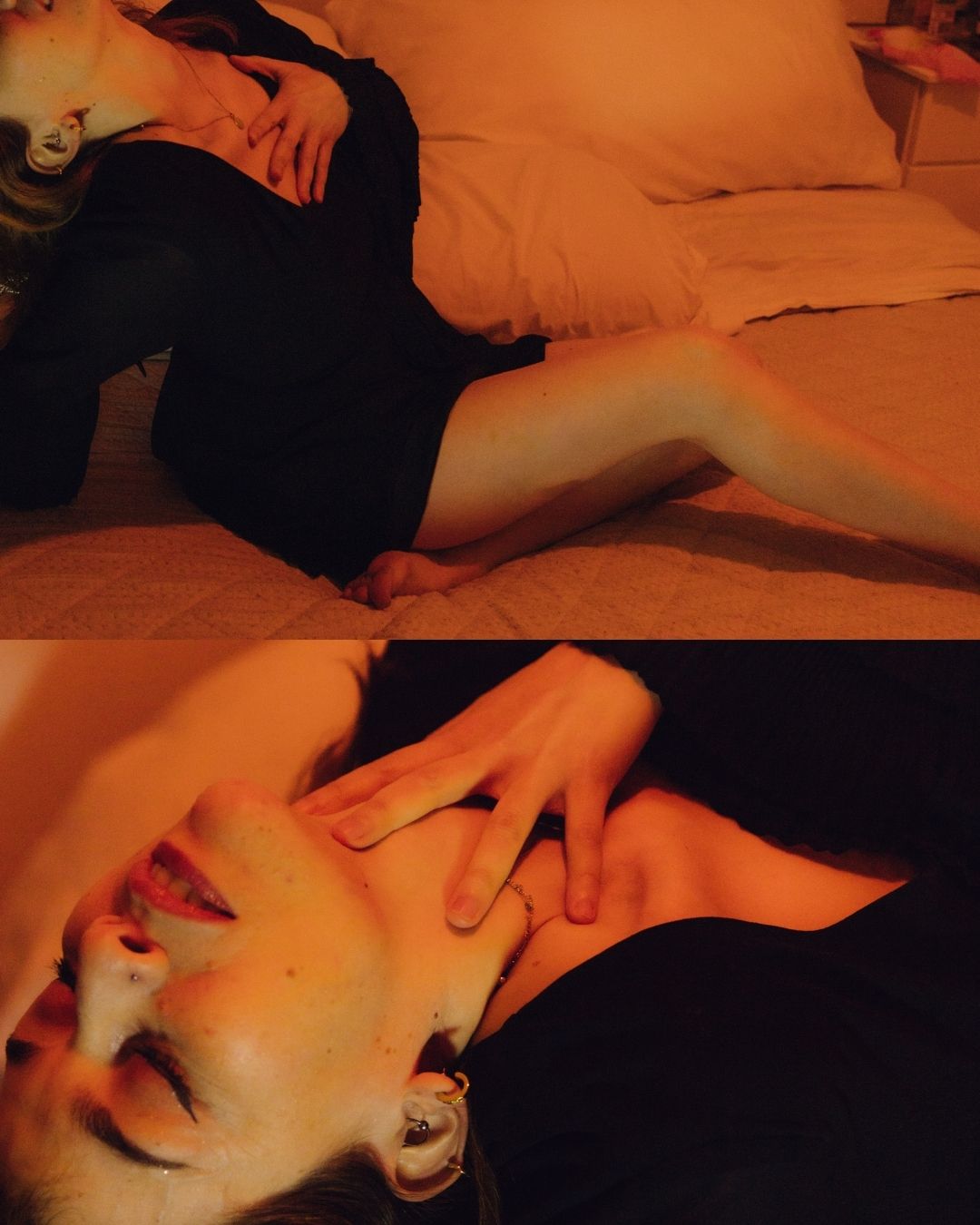 A woman in a black dress lies on a bed in warm amber light, with a close-up of her hand near her face.