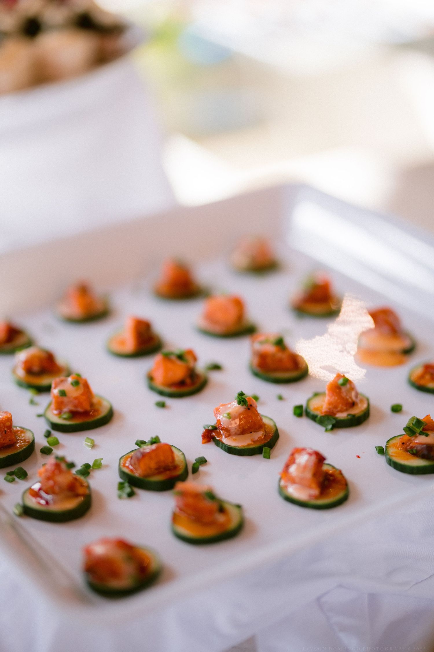 Elegant appetizers of salmon on cucumber slices arranged on a white serving platter.