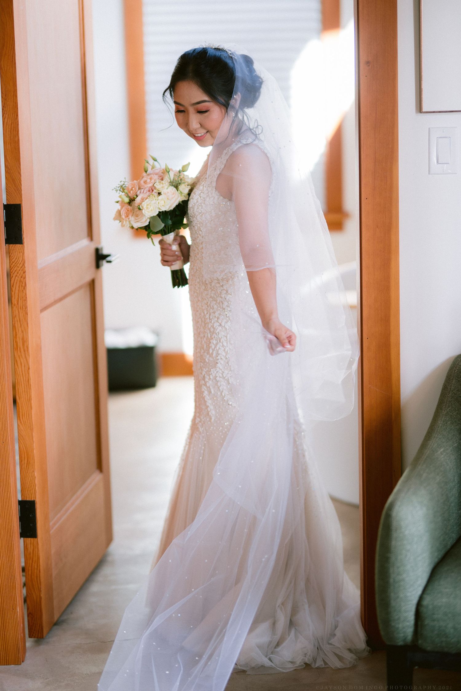 A sequence of bridal preparation shots showing the flowing white wedding gown.