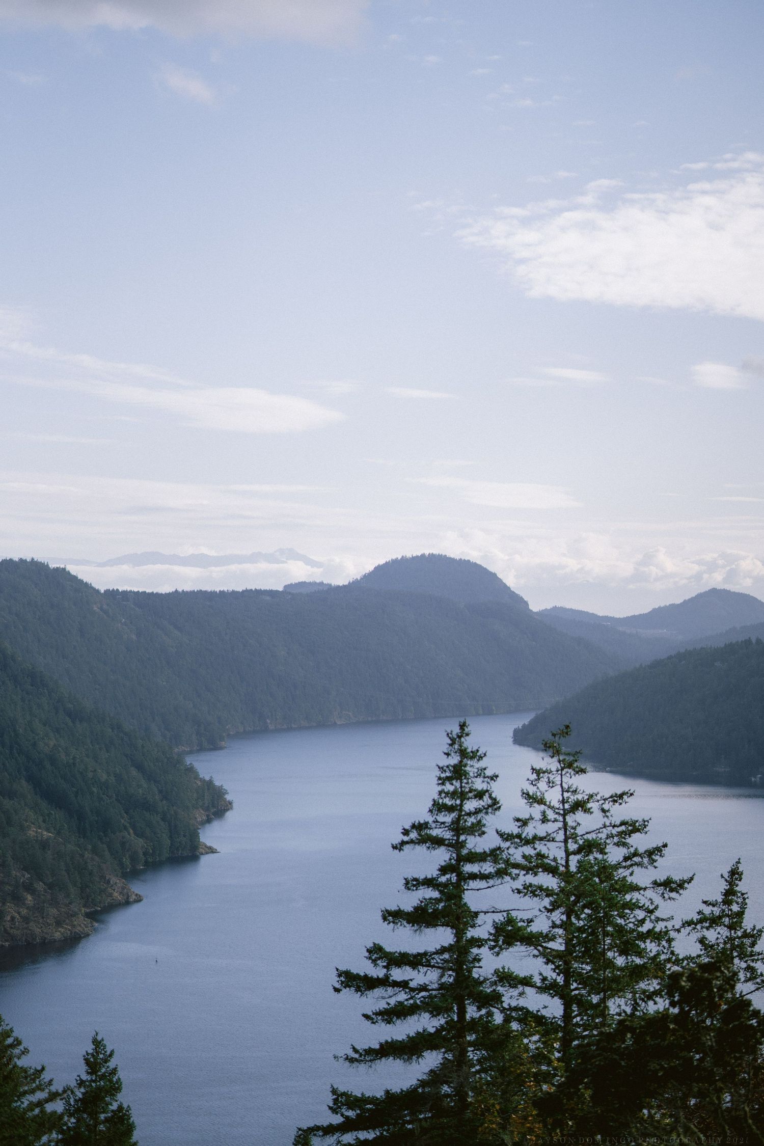 Scenic panoramic view of a mountain lake surrounded by evergreen forests and misty peaks in the distance.