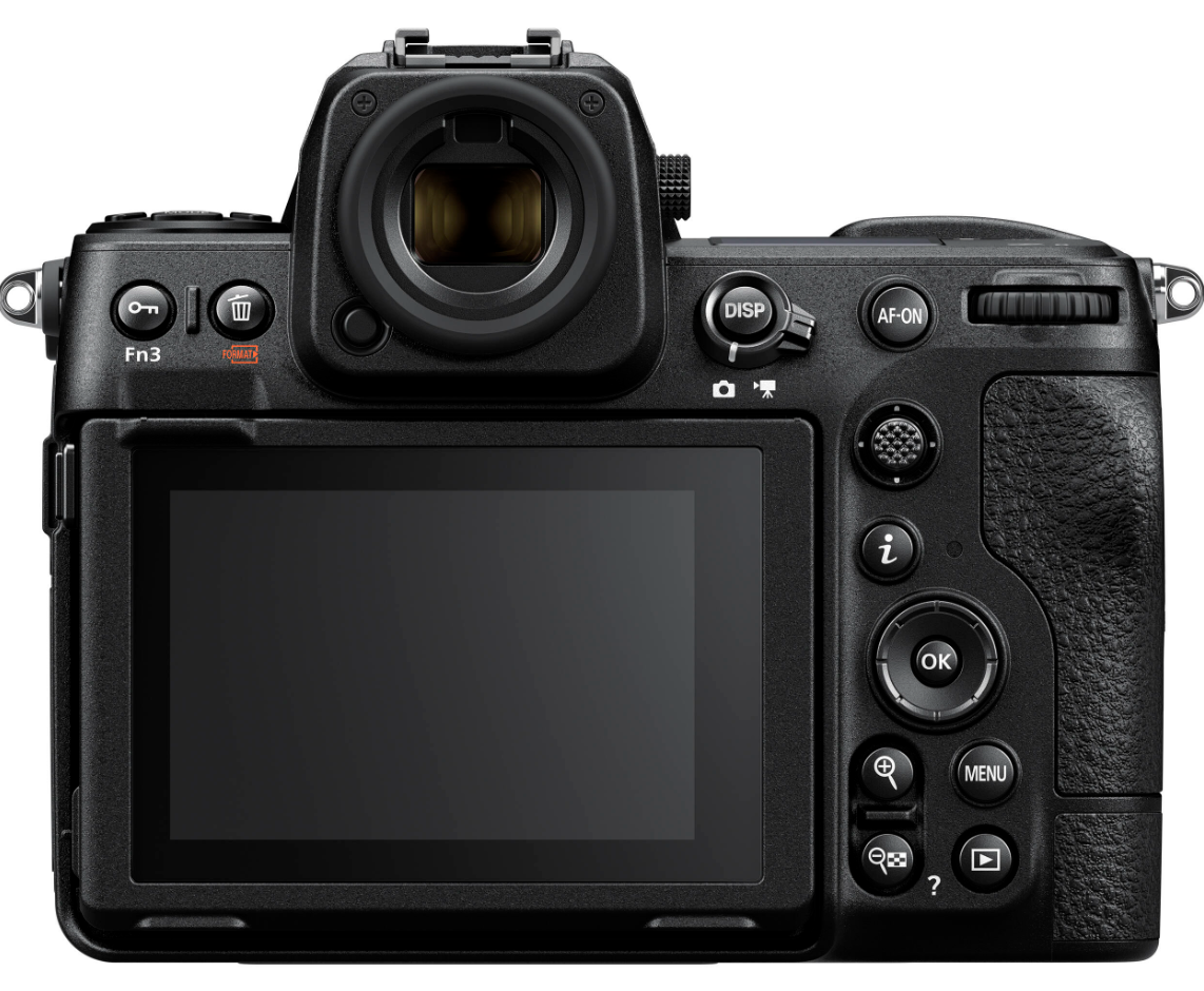 Black mirrorless camera with LCD screen and multiple control buttons shown from different angles.