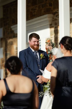 A joyful wedding ceremony moment captured in a sequence of photos showing laughter and emotion.