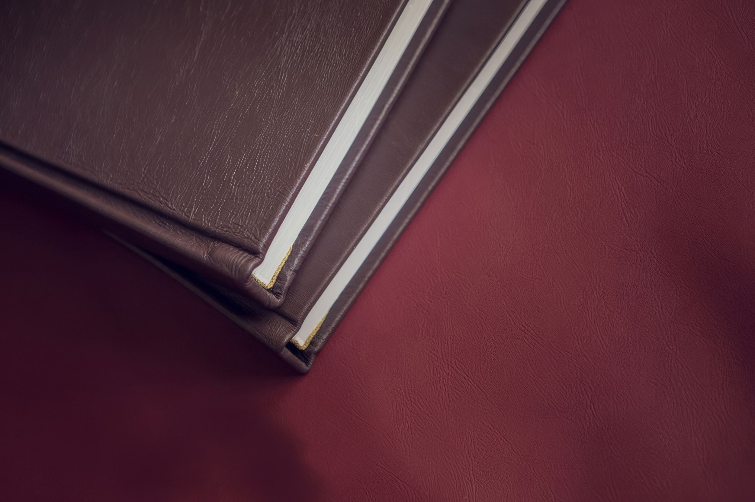 Two dark leather hardcover photo albums stacked on a deep red surface.  Fotógrafo en Formosa