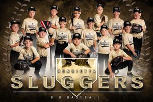 Baseball players in black and white uniforms pose for team photos with Sluggers branding in a dark studio setting.